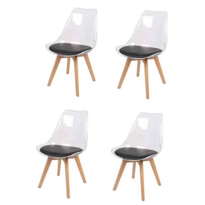 chaises - lot de 4 chaises translucide "joy" avec assise rembourrée - noir/beige - l 57 x l 50 x h 82 cm