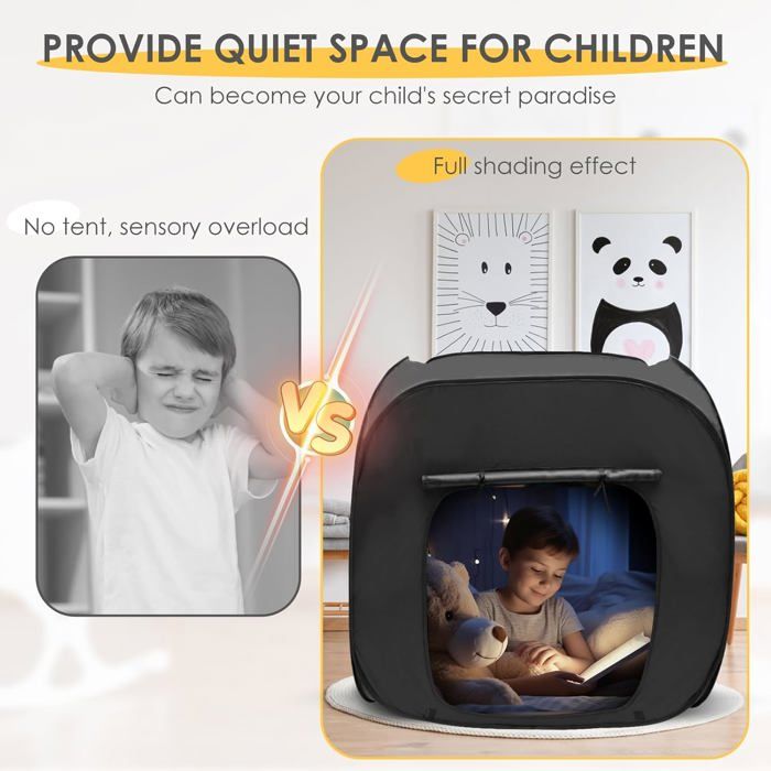Tente Pop-up WLDOCA – Cabane Sensorielle Intérieure Avec Tunnel, 205x105x120 Cm, Noir, Pour Adulte Et Enfant