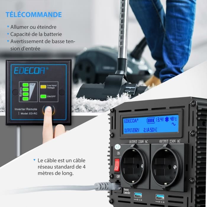 EDECOA Convertisseur 12v 220v 3000W Transformateur 12v 220v 6000W Crête  avec Télécommande et Câbles (Onde Sinusoïdale Modifiée) - Cdiscount Sport