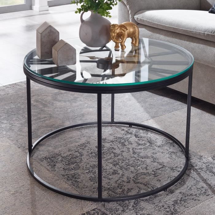 Table basse en métal et verre noir et gris, 90 x 90 x 45,5 cm - Qechic