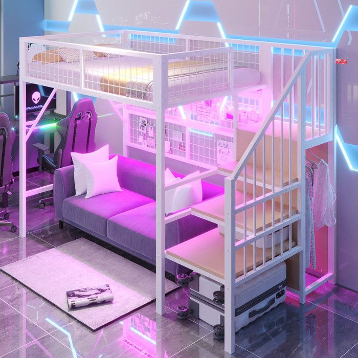 Lit Mezzanine Métal Blanc 90x200 Cm - Avec Bureau, étagère, Garde-corps Et Lumières LED, Pour Enfant/ado