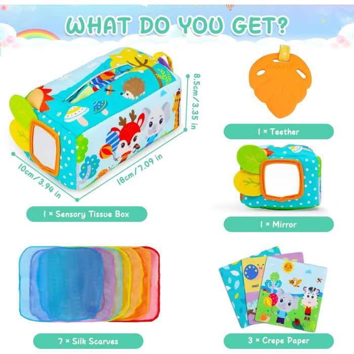 Boîte à Tissus pour Bébé Montessori Bebe Eveil 0-6 Mois, Boîte à Mouchoirs  Boîte à avec Jouet à Mâcher Et Miroir Jouet Sensoriel