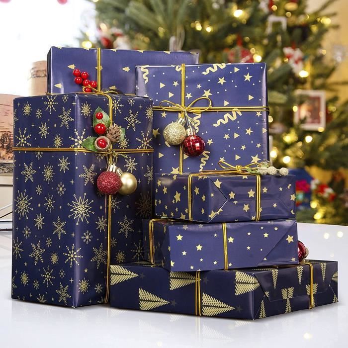 Papier Cadeau Noël Kraft – 10 Feuilles 70x50 Cm, Motifs Flocons, Rennes, Marron Et Bleu - 9