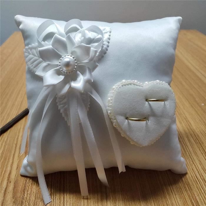 Coussin Porte-Alliances Mariage - Dentelle Et Perles 15x15 Cm - Cadeau Romantique