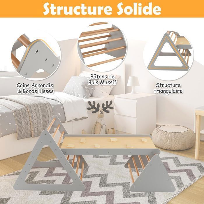DREAMADE Triangle d'Escalade en Bois pour Enfants, Échelle d'Escalade 3 Niveaux de Difficulté d