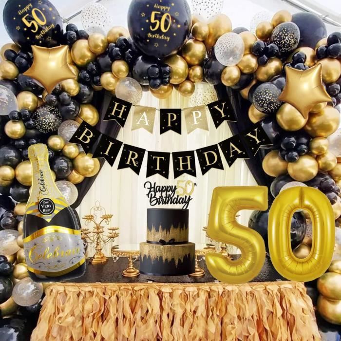 Décoration d'anniversaire de 50 ans, Décorations d'anniversaire de fête de femmes de 50 ans, Décoration en or noir de ballon de guirlande de guirlande | BE