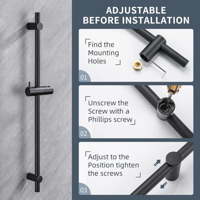 Barre De Douche 70cm En Acier Inoxydable Noir - Support Pommeau Réglable 360° Et Fixations Murales Adaptables Aux Trous Existants - DETBOM