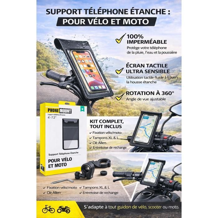 Support Téléphone Vélo étanche - Rotation 360°, écran Tactile, Sangle Rapide, Compatible Tous Guidons