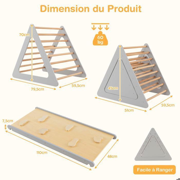DREAMADE Triangle d'Escalade avec Rampe Bebe 1+ Ans, Montessori en Bois Charge 60KG, Exercice d