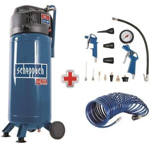 SCHEPPACH Compresseur vertical 50L - 2CV - 10bar - Sans huile + ensemble 13 accessoires + tuyau 10m - HC51V - Bleu
