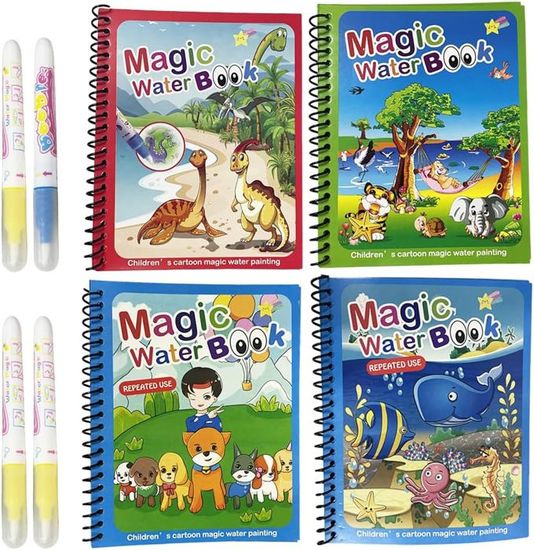 Lot De 4 Livres De Coloriage Magique à L'eau + 4 Stylos – Réutilisable, Sans Tache, Dès 3 Ans