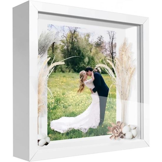 Cadre Photo 3D Profond 20x20 Cm - Boîte Vitrine En Bois Pour Fleurs Séchées, Coquillages, Souvenirs - Blanc, Design Moderne