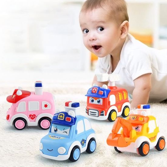 WolinTek 4 Pièces Press And Go Voiture Éducation Précoce Push And Go Cars Jouets Pour Enfants,Garçons Et Filles, Véhicules Jouets à Propulsion à