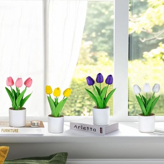Fleurs Artificielles Tulipe En Pot: 4 Pièces Fleur Artificielle Mini ...