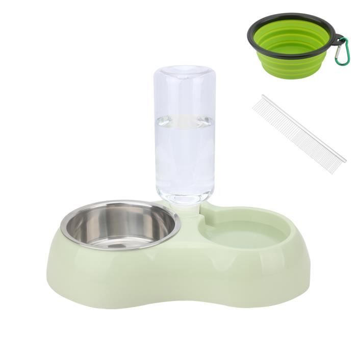 SENZEAL Double Gamelle Antidérapant Chat Chien Distributeur d'eau Automatique + Gamelle pliable pour chien + Peigne, Vert