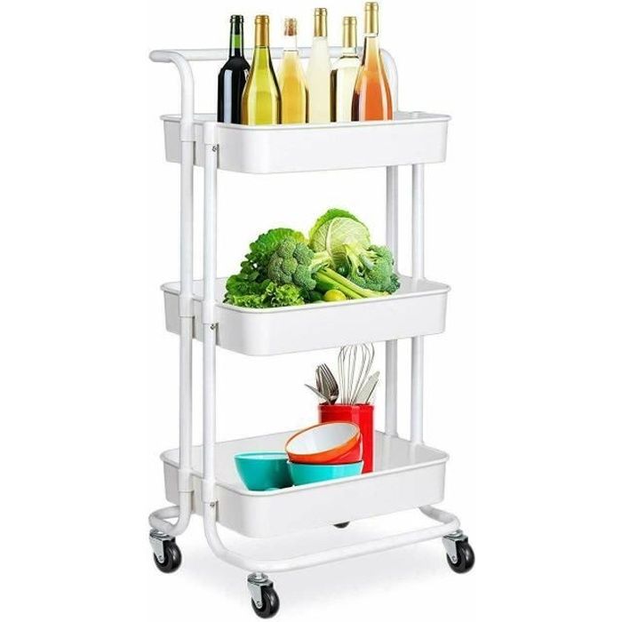 Desserte Chariot de service Desserte à Roulettes avec 3 étapes en Métal et ABS Taille 42 x 35 x 87 cm Blanc chariot à roulettes