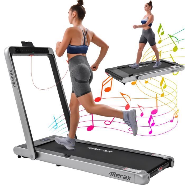 Merax Tapis de Course Pliable 2 en 1, 1- 12KM/H, 2 Modes Sportifs, Contrôle Écran Tactile/Télécommande, Bluetooth Intégré, gris