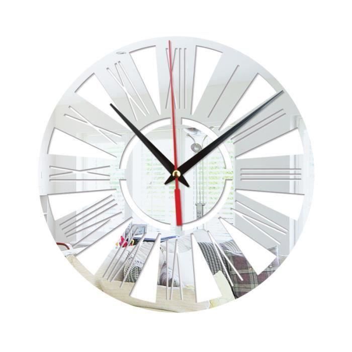 Horloge murale ronde cuisine moderne Home Decor chiffres romains forme sticker mural miroir creux sans batterie (Argent) Da07280