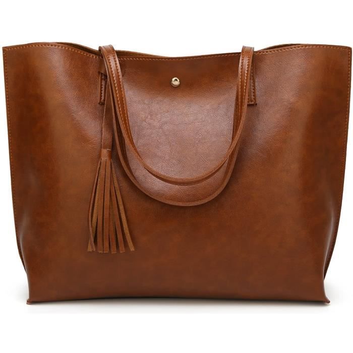 Grand Sac à Main Femme PU en Cuir, Sac Fourre-tout Portes Epaule Bandoulière Simple VogueMarron