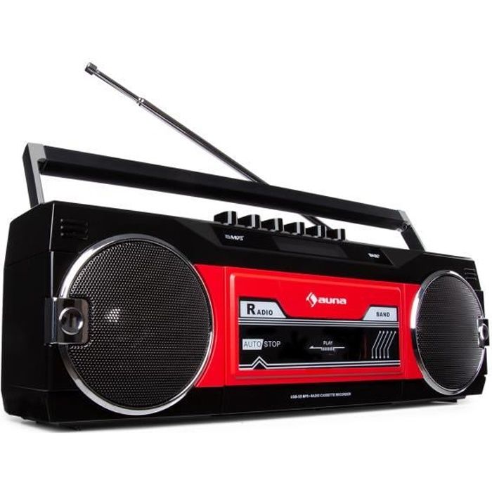 auna Duke DAB RD - Radio portable avec lecteur de cassette , tuner DAB+-FM , Bluetooth , encodage USB - SD - Rouge & noir