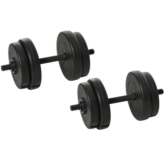 Ensemble d'haltères courtes total 20 Kg - barres incluses - entraînement musculaire & haltérophilie - acier HDPE noir
