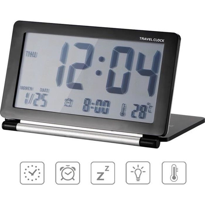 Reveil de Voyage Pliable, Horloge Digital Silencieux Réveil Grand Écran LCD avec Rétro-éclairage Date Température Affichage