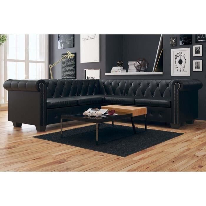 Canapé d'angle 5 places Noir Cuir Chesterfield Confort