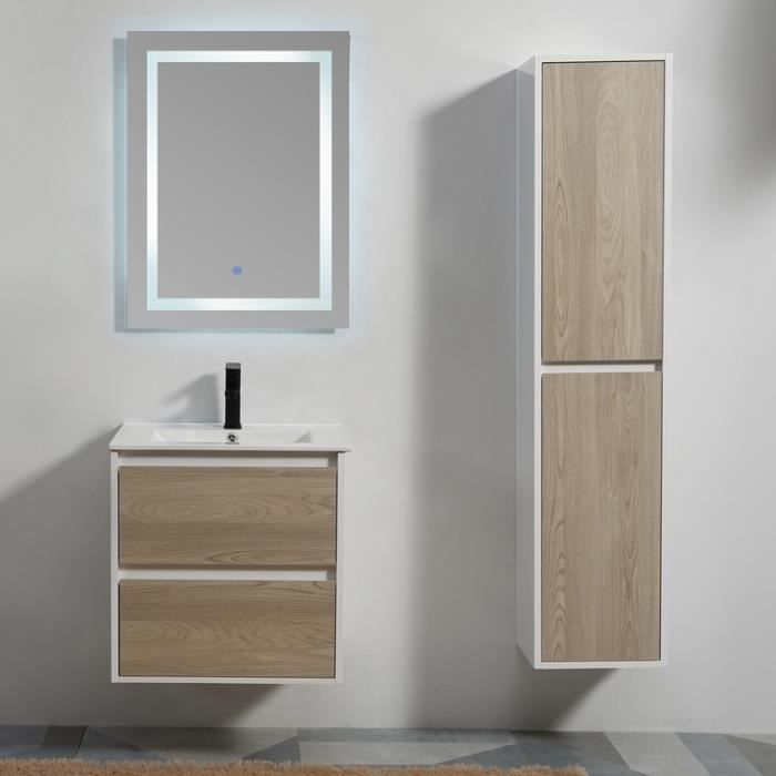 Meuble de salle de bain 2 Tiroirs - Bois - Vasque - Miroir LED - 60x46 cm - Scandinave
