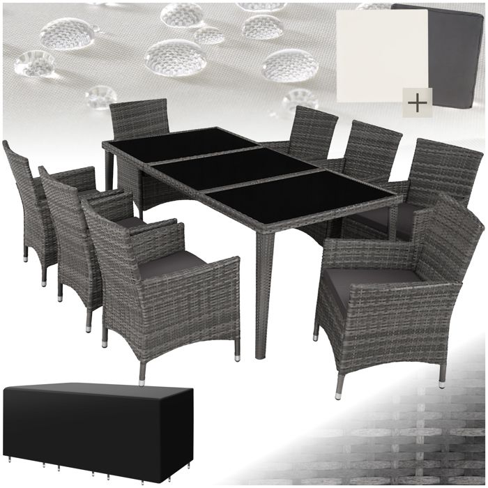 TECTAKE Salon de Jardin MONACO Résine Tressée 8 Personnes 8 Fauteuils 1 Table + 1 Housse Gris