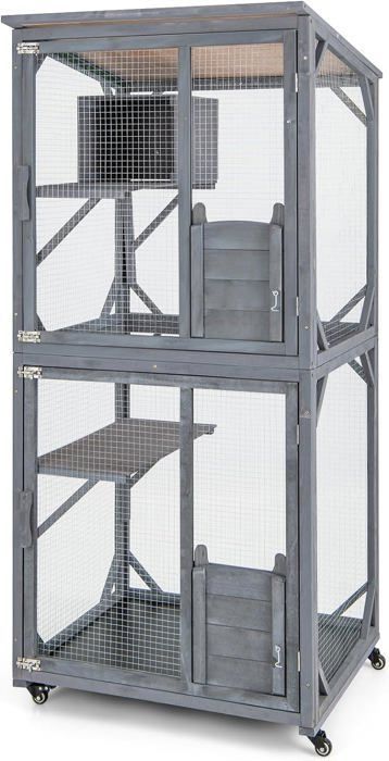 Comparer les prix de GOPLUS Grande Cage pour Chat Enclos Extérieur sur Roues avec Boîte de Repos 2 Plateformes Toit en Asphalte Résistant