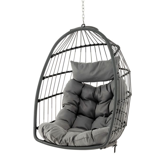 Chaise Suspendue Balançoire Pliable en Métal avec Coussin de Siège Oreiller de Tête Amovibles Chaîne de Suspension Gris