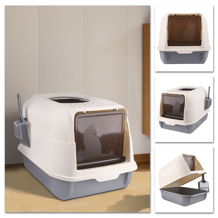 Comparer les prix de JEOBEST. Bac à litière fermé anti-odeurs pour chat, blanc cassé + gris, livré avec 1 pelle à litière et 1 sac déodorant