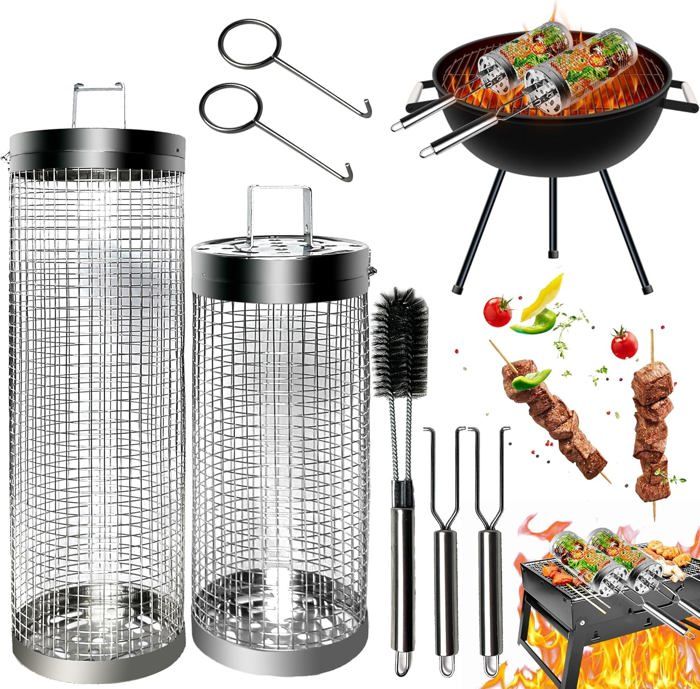 2 pièces panier à gril roulant, acier inoxydable, panier à gril cylindrique 2 pièces panier à gril roulant, acier inoxydable, panier à gril cylindrique