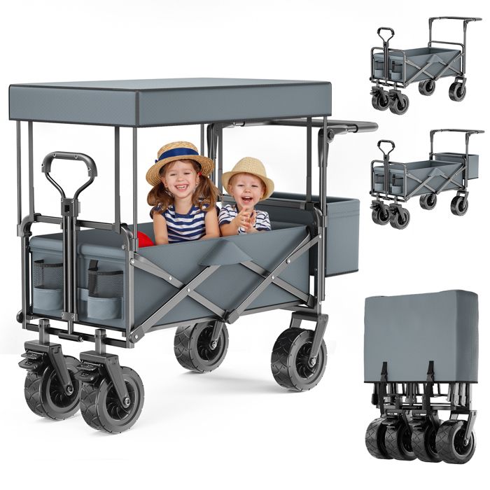 Chariot De Transport Pliable Avec Toit Et Freins - Capacité 120 Kg, Pneus PU, Bleu Ciel/gris - Pour Camping, Plage, Shopping