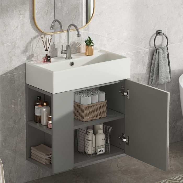 Meubles de salle de bains Lavabo 55 cmmeuble sous-lavabo suspendu avec étagères55x31x66.5cm Gris Clair