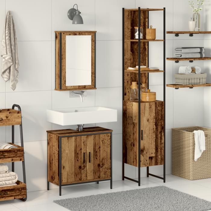 Ensemble de meubles de salle de bain - 3 pièces - Bois massif - 6 portes - Finition rustique