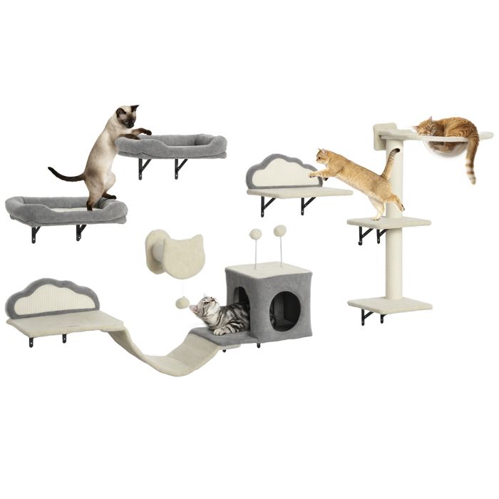 Comparer les prix de Étagères murales pour chat - ensemble de meubles muraux - PawHut - hamac à bulles en acrylique niche échelle - peluche - beige