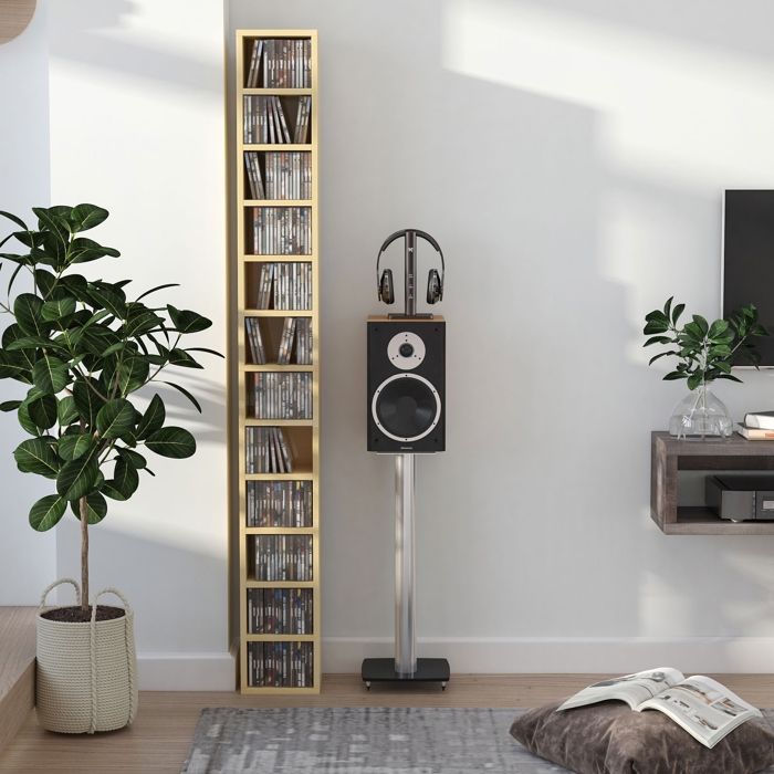 Étagère colonne armoire de rangement CD 12 compartiments 21L x 20l x 175H cm capacité max. 205 CD coloris hêtre