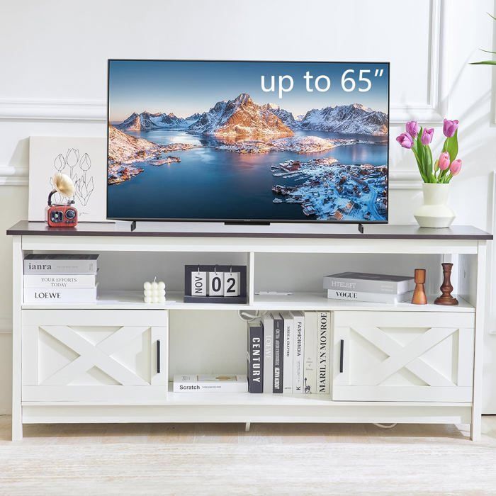 Meuble TV 120 Cm Marron Rustique Avec LED RVB, Prises + USB, Tiroir Tissu & Étagères - Support TV Jusqu'à 55 Pouces - Style Industriel