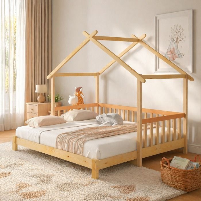 Lit cabane extensible EVRYAE 90x200/180x200 en pin massif naturel avec barriere de securite 3 cotes
