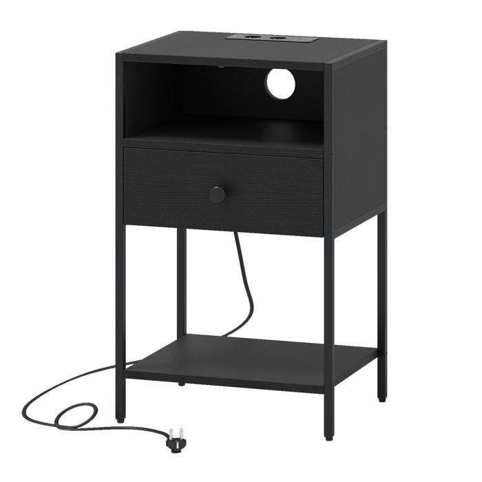 GIANTEX Table de Chevet Style Industriel-Station de Charge-Tiroir-Compartiment-Étagère Ouverte-Salon Chambre-40x32x65cm-Noir GIANTEX Table de Chevet Style Industriel-Station de Charge-Tiroir-Compartiment-Étagère Ouverte-Salon Chambre-40x32x65cm-Noir