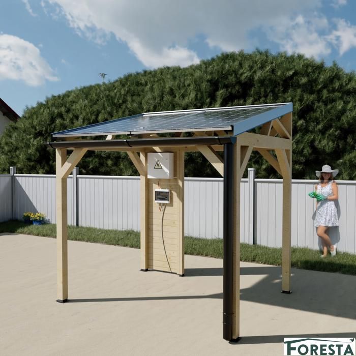 Carport Wattoit mono pente épicéa thermo chauffé / 2 panneaux photovoltaïques 1 kwc / poteaux section 88 x 88 mm / Surface 4 64 m2 - vue 2