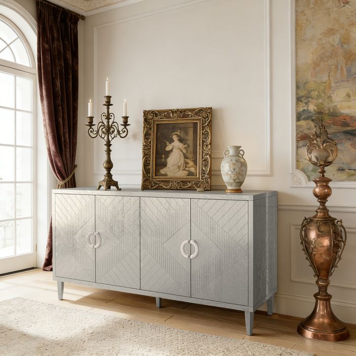 Buffet de cuisine 4 portes meuble bas meuble de rangement convient pour le salon chambre MDF argenté 152x40x82 5 cm