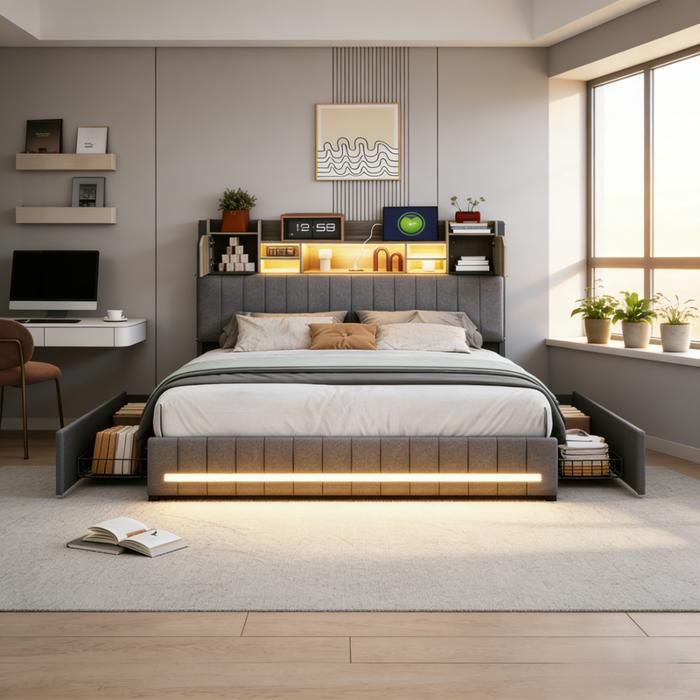 Lit coffre 160x200 en lin avec 4 tiroirs tête de lit avec étagères USB/Type-C et LED – cadre de lit robuste Gris