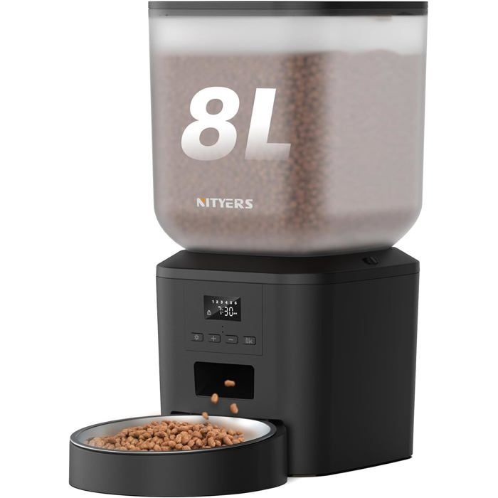 Distributeur Croquettes Automatique Chat Chien 8L 1–6 Repas/Jour Bol Inox Enregistrement Vocal 10s