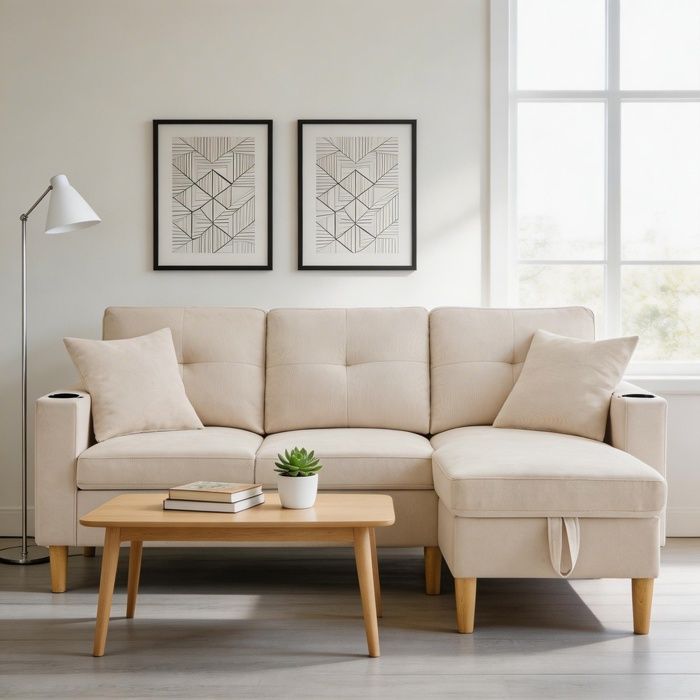 Canapé dangle - Modèle 175x129x90 - Méridienne réversible - Rangements & porte-gobelets - Coton‑lin beige