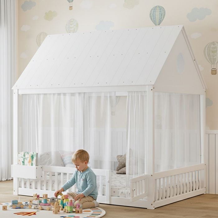 Lit de sol Montessori pour enfants 140x200cm avec rideaux blancs et compartiment de rangement lit cabane enfants(sans matelas) Lit de sol Montessori pour enfants 140x200cm avec rideaux blancs et compartiment de rangement lit cabane enfants(sans matelas)
