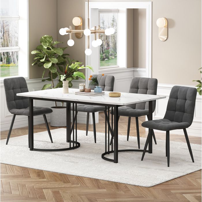 Ensemble repas 5 pièces Table à manger 140 x 80 cm - TCQPZ - 4 chaises velours gris plateau MDF blanc effet marbre