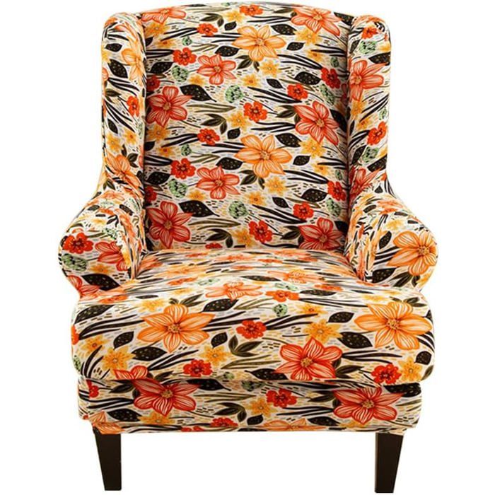 Housse de Fauteuil à Oreilles Extensible 2 Pièces + Housse Coussin Antidérapante Imprimé Fleur dOranger pour o HOUSSE DE FAUTEUIL