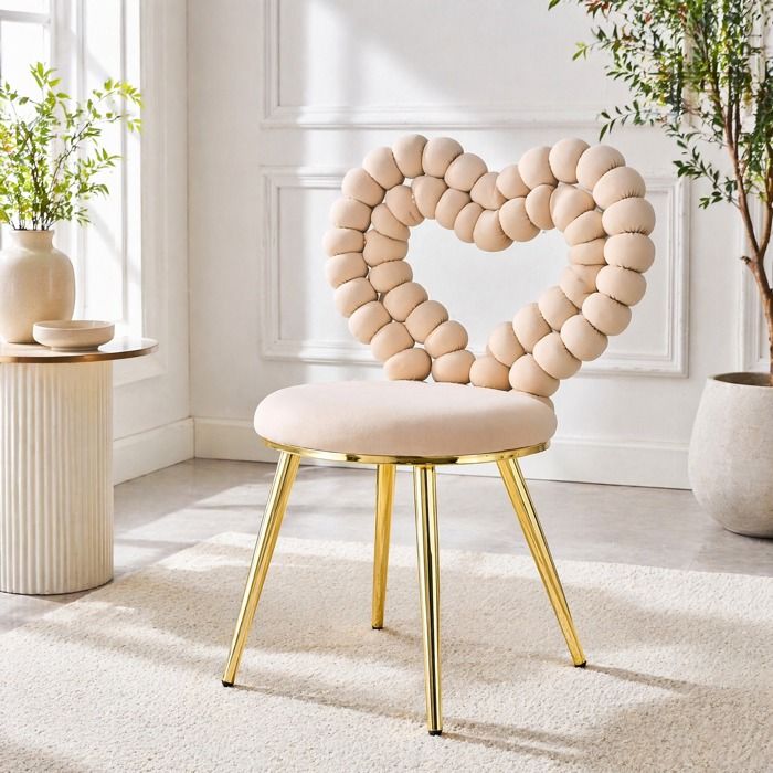Chaise de salle à manger lot de 2 dossier cœur en velours - BEAUNIV - pieds métal doré beige